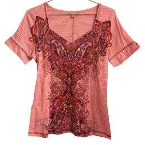 5for20 Energe world wear pink rhinestone square neckline paisley striped tee
